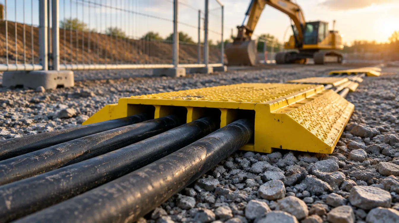 Starkstromkabel, die über den Boden einer Baustelle laufen und durch eine gelbe Kabelbrücke führen, dicht über dem Schotter.