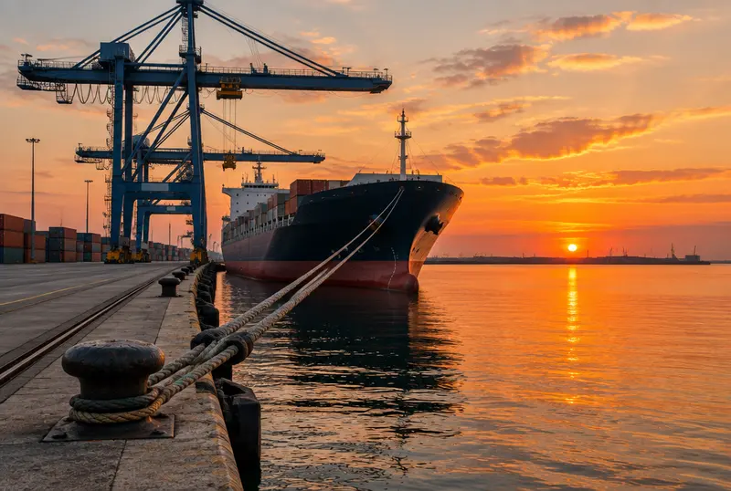 Verlassener Kai: Poller, aufgeschossene Leinen, dicke Kabel entlang der Kante, Containerbrücken in der Ferne.